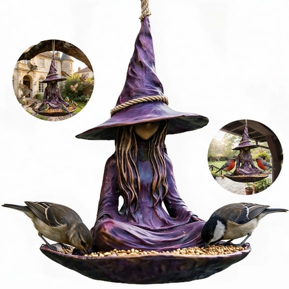 Meditating Witch Garden Bird Feeder, Unique Purple Resin Witch Hat with Rope,Resistant Resin Hanging FeedersBackyard Patio Balcony, Outdoor Yard Gift