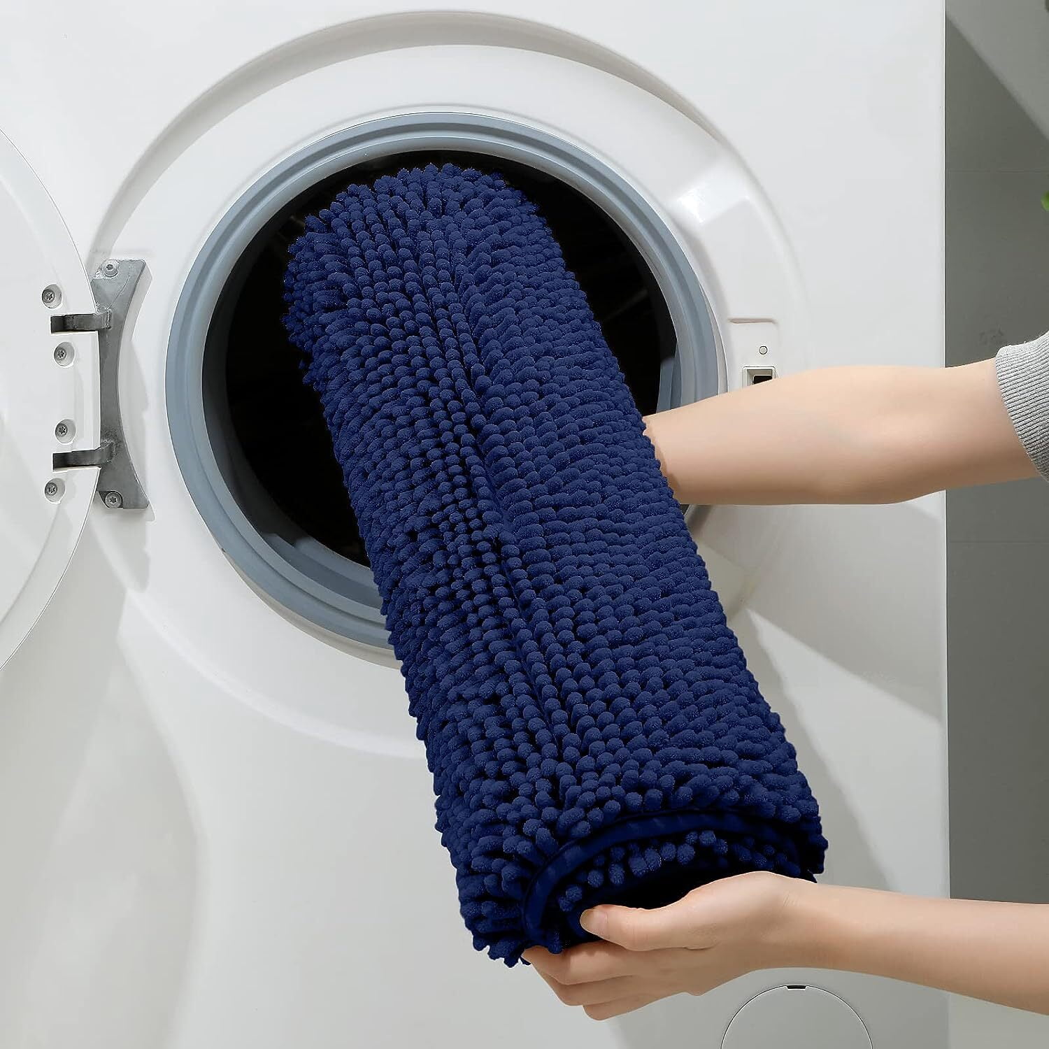 Bathroom Rugs Sets 3 Piece Chenille Bath Rug Non-Slip Bath Mats with Soft Plush PVC Backing Water Absorbent Carpet 1'' Quick Dry Microfiber Toilet Mat, Navy Blue
