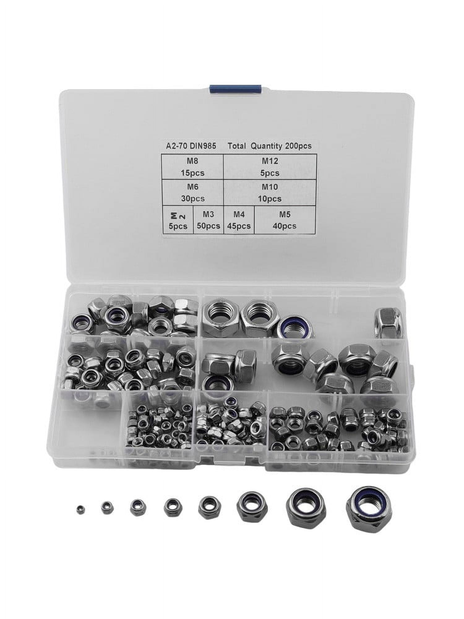 200pcs Stainless Steel Self-Locking Nuts Assortment Threaded Inserts Hex Nut Set