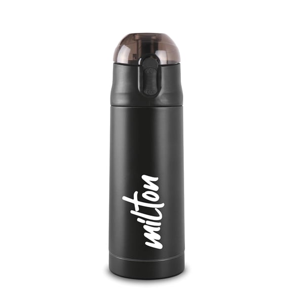 New Crown 400 Thermosteel Water Bottle With One Touch Safety Lock - 350ml, Black | 24 Hours Hot & Cold - Vacuum Insulated Coffee Flask For Sports, Travel | Leakproof, Double Wall, Rust Proof