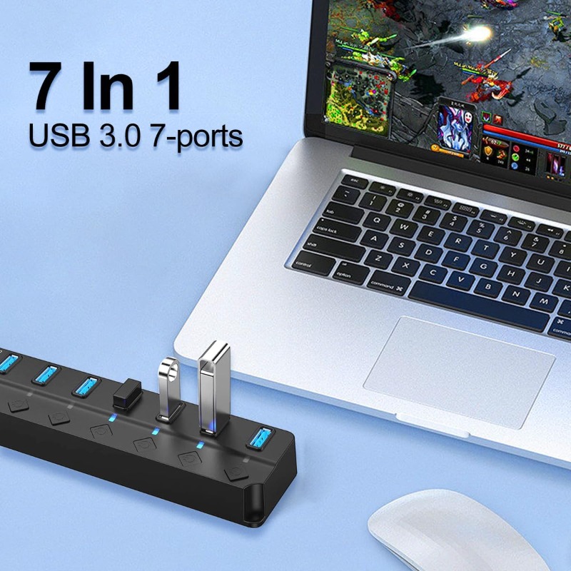 Independent Power Switch and LED On/Off 7-Port USB 3.0 Hub, Ultra-Slim 5Gbps Super Speed ​​USB Data Transfer Hub Expansion Splitter for MacBook, XPS, PC, USB Flash Drive, Mobile Hard Drive, etc.