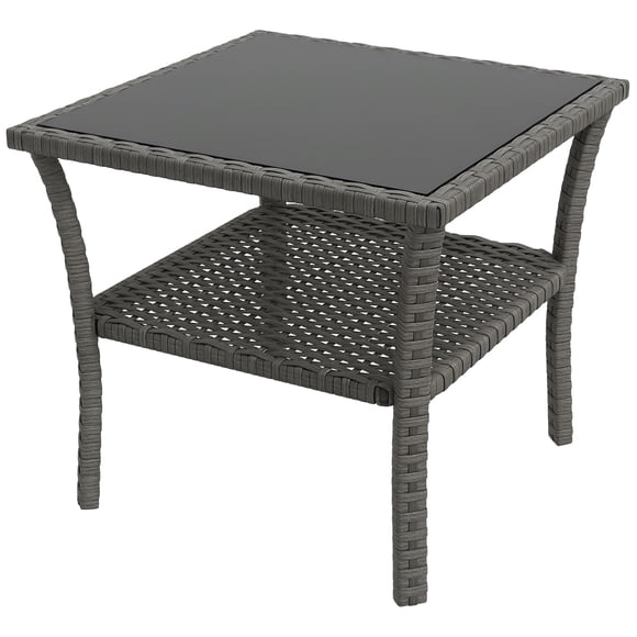 Outsunny Patio Wicker Coffee Table w/ Two-tier Design, Side Table, Grey