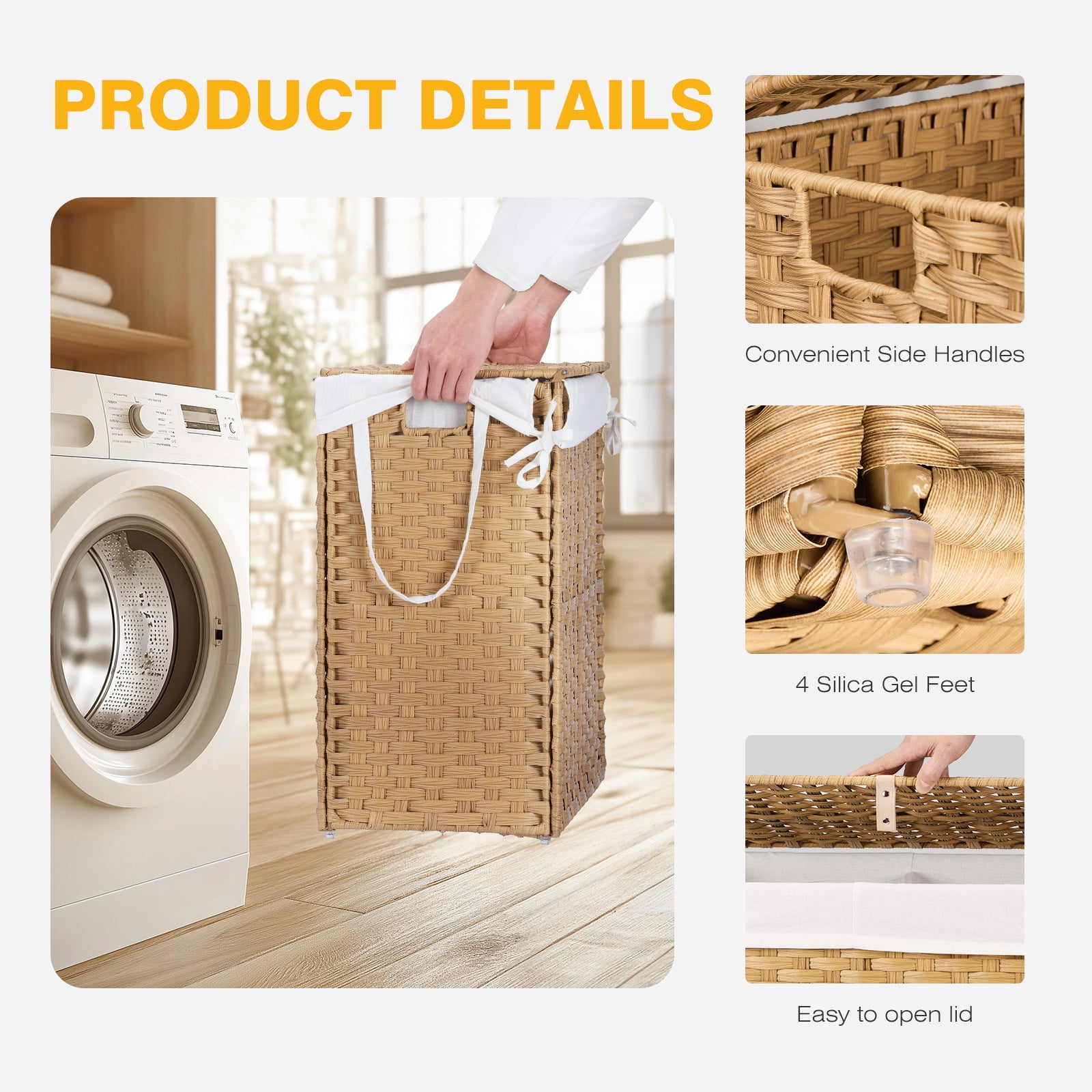 CONCETTA Laundry Hamper with lid, No Install Needed, 90L Wicker Laundry Baskets Foldable Removable Liner Bags, Yellow