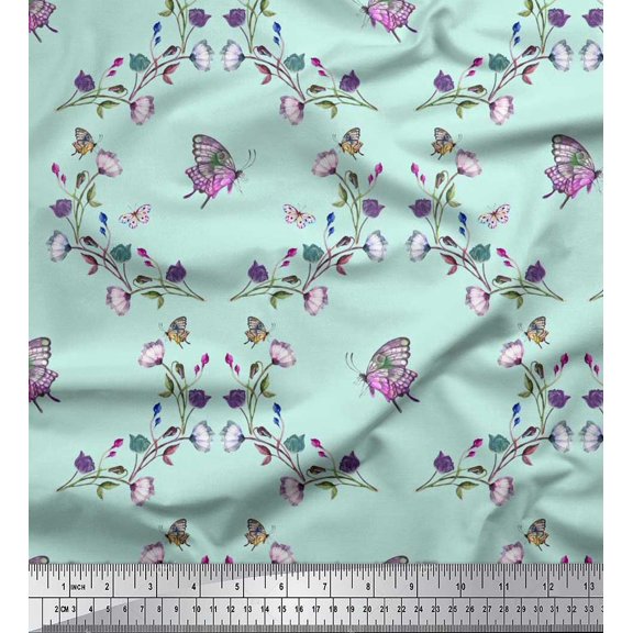 Soimoi Georgette Viscose Fabric Butterfly & Wildflower Floral Print Fabric by the Yard 42 Inch Wide