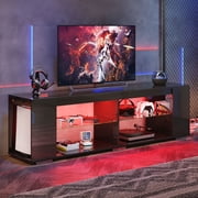 Pinmoco LED TV Stand for TVs up to 80, Gaming Entertainment Center with Side Bookshelf and 4 Open Shelves, Black