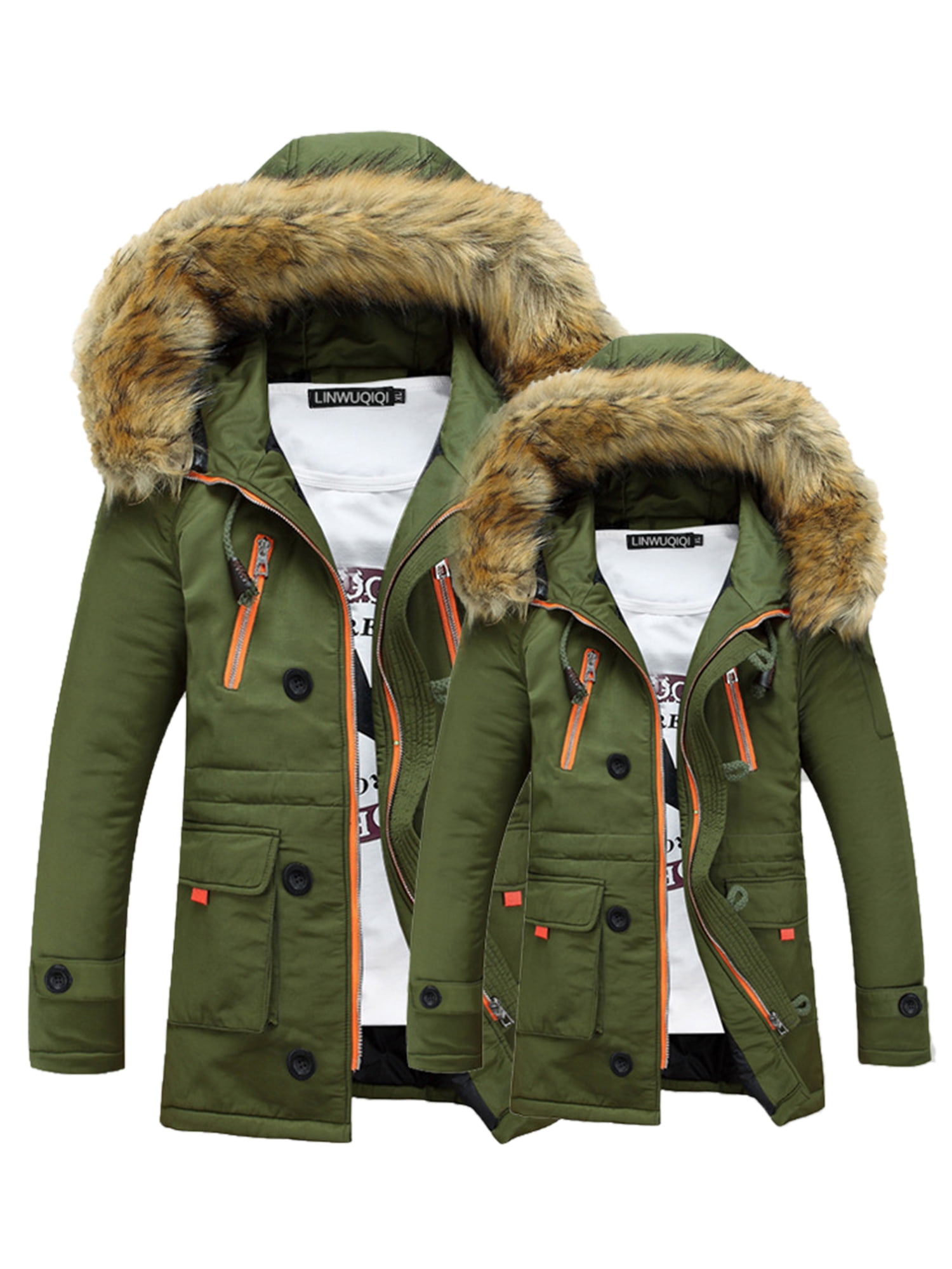 Mens Trench Coat Furry Collar Hooded Winter Warm Parka Padded Jacket Zip Outwear 