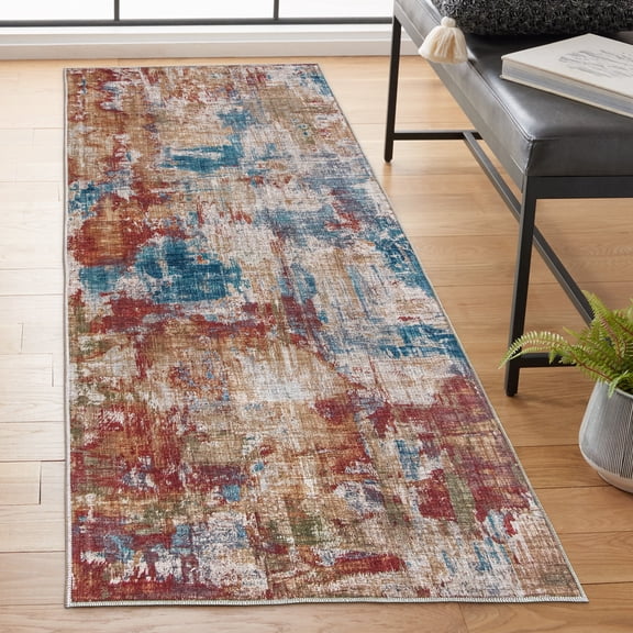 ReaLife Rugs Machine Washable Area Rug Runner - Living Room Bedroom Bathroom Kitchen Entryway Office - Padded Low Pile Stain Resistant Premium - Modern Abstract Colorful - ASA - Red Blue 2'6" x 8'