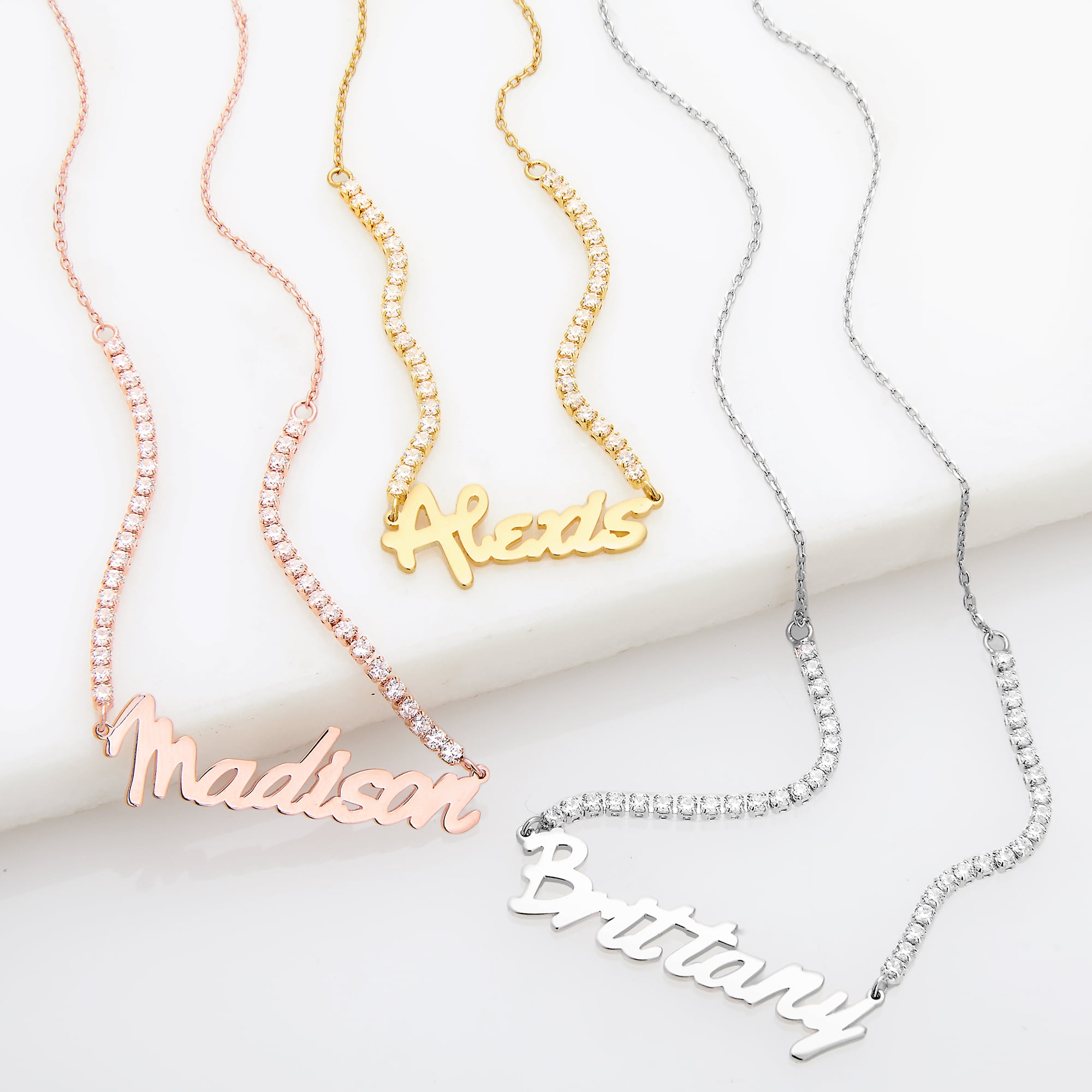 Personalized Planet Women's Bold Script Name Plaque CZ Chain Necklace