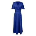 thumbnail image 5 of Vestido largo elegante de cuello en V y cintura alta para mujer: mangas plisadas, abertura lateral, fruncido, vestido de noche para bodas y fiestas., 5 of 5