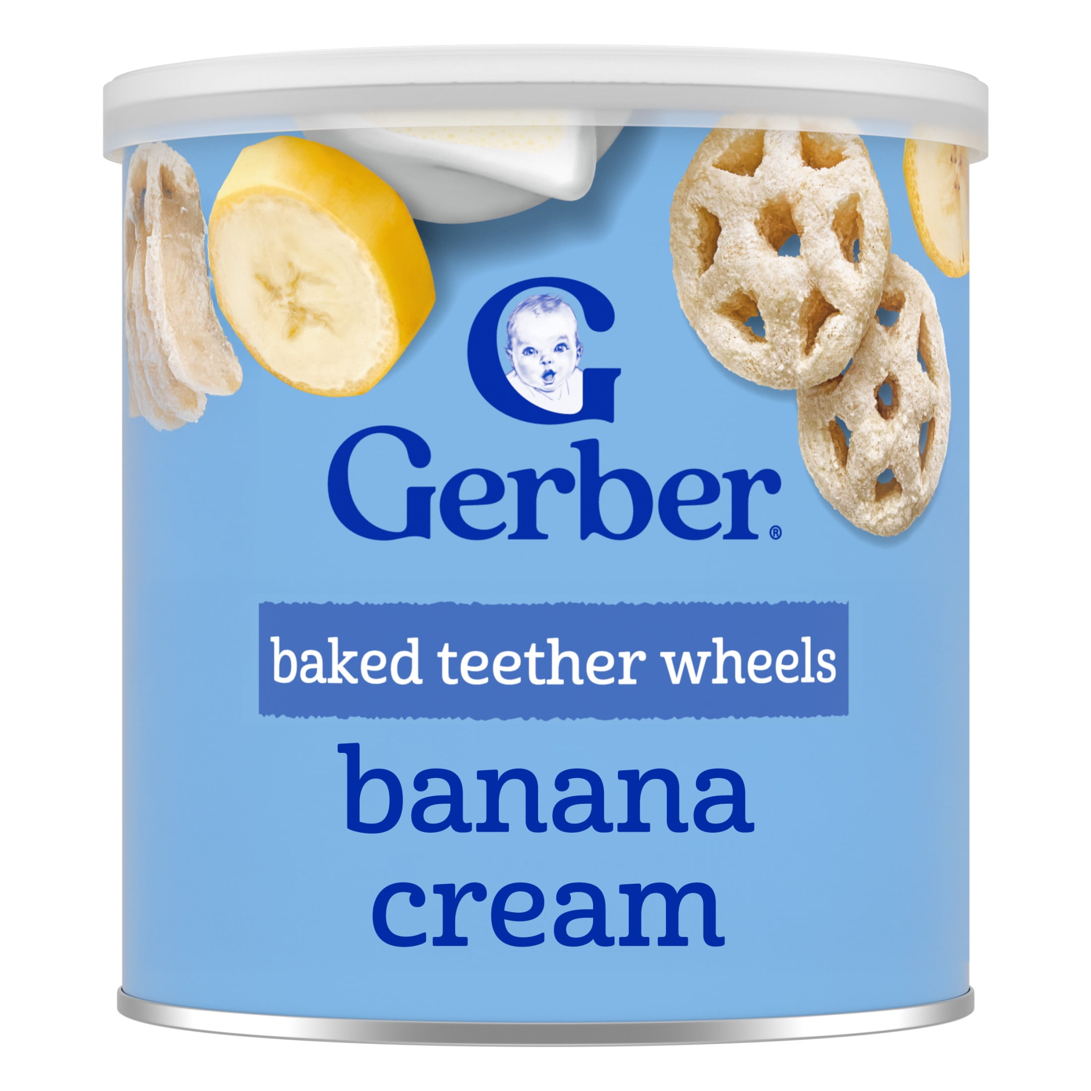 (4 pack) Gerber Snacks for Baby Teether Wheels, Banana Cream, 1.48 oz Canister
