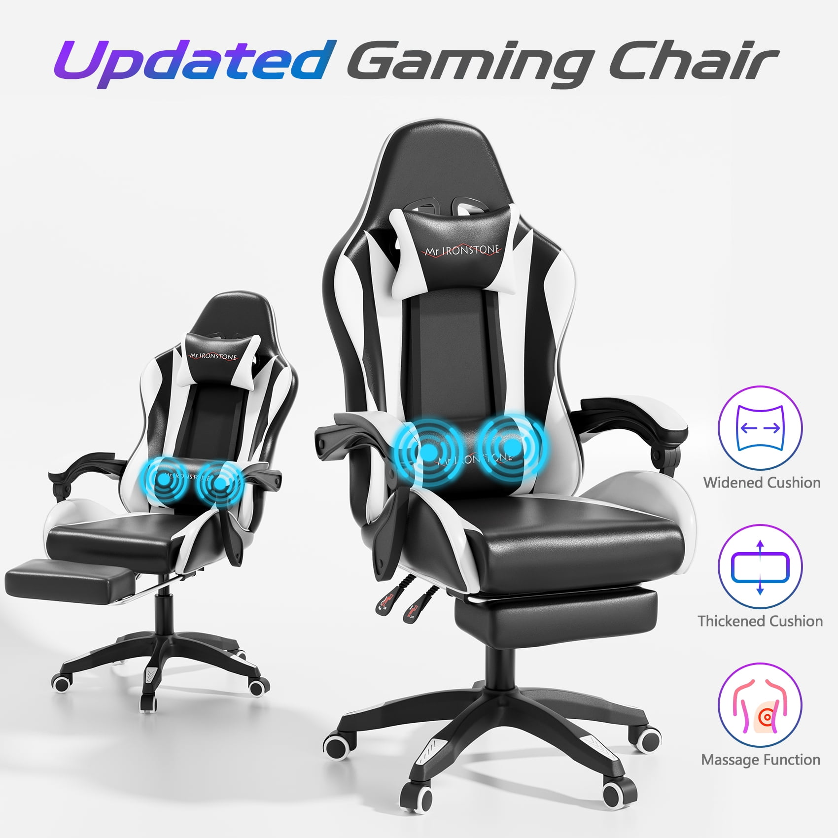 Mr IRONSTONE Ergonomic Gaming Chair with Massage Lumbar Support and Footrest, Heavy Duty 400lbs Computer Chair for Adults, Black/White