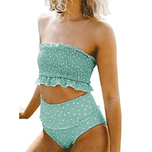 Womens Smocked Shirred Bandeau Bikini Cute Two Piece Off Shoulder Swimsuit  Tummy Control High Waist Bathing Suit