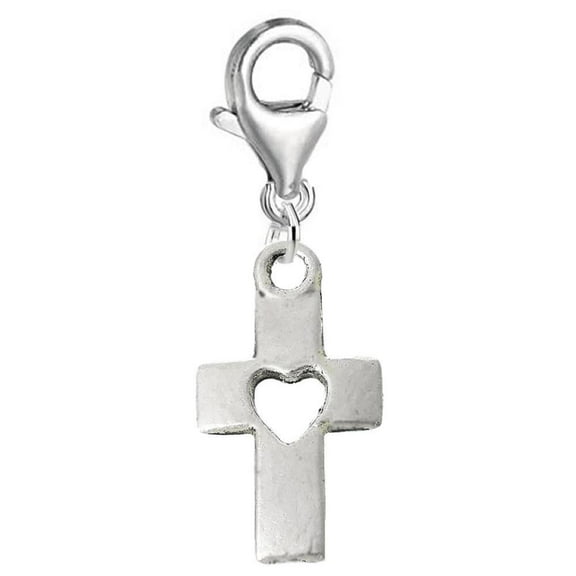 Dangling Religious "Cross w/ a Heart" Clip-on Bead for Charm Bracelet Lobster Claw Clasp Charm