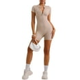 thumbnail image 5 of INSPIRE CHIC Women's Short Sleeve Ribbed Jumpsuit Front Zipper Playsuit Unitard Shorts Casual High Neck Workout Bodysuit, 5 of 6