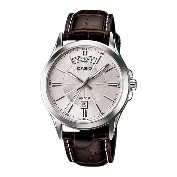 MTP1381L-7AV Men's Classic Leather Band 50M Day Date Silver Dial Watch