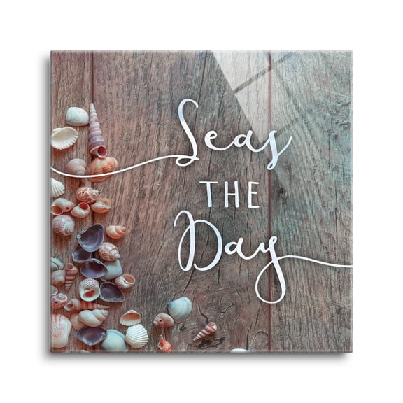 Seas The Day Pink Shells Weathered Board 24 x 24 Glass Wall Hanging Sign