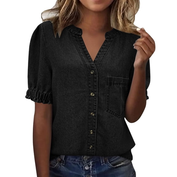 Womens Plus Size Shirts Oversized Tshirts for Women Casual Denim V Neck Short Sleeve Button Down Shirt Plus Size Tops Black L