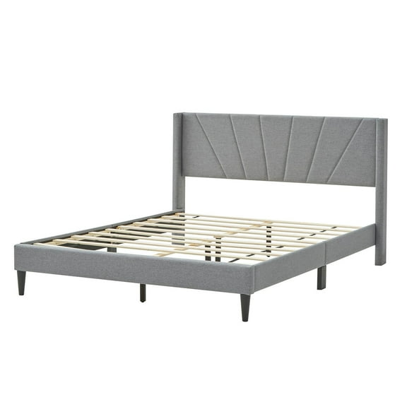Costway Queen Bed Frame Modern Platform Bed with Linen Upholstered Wingback Headboard