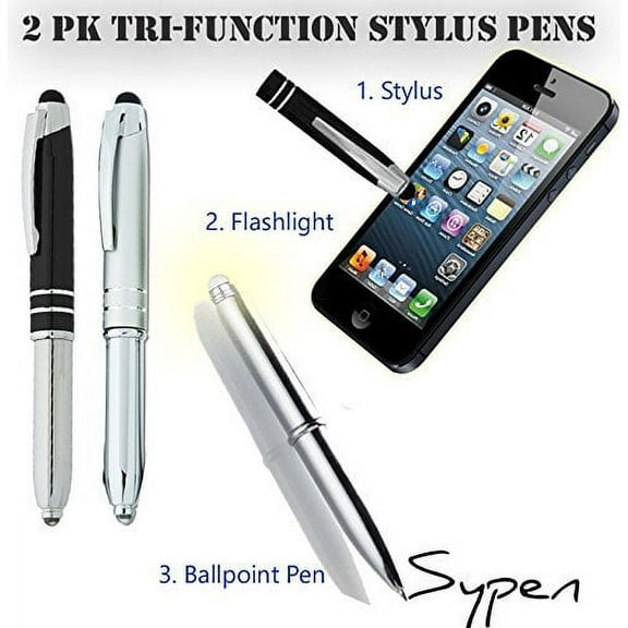 2 Pack Tri-Function Stylus Ballpoint Flashlight Capacitive Styli Pen for Any Touchscreen iPhone, iPad, Tablet & Android Devices Black/Silver