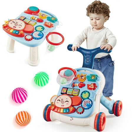 Wdmiya 3 in 1 Baby Walker and Activity Center for Girl, Baby Push Walkers, Sit to Stand Learning Walker, Early Educational Gifts with Music Panel for Infant Toddler 12  Months, Blue