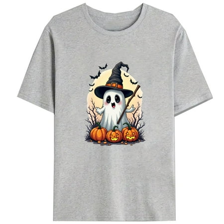 Halloween Surprised Witch Hat Triple Pumpkins T Shirt Art Graphic Tees Bat Silhouettes Tops Vintage Gray S-3XL