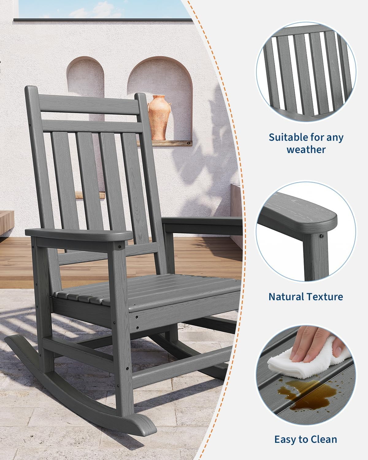 Rocking Adirondack Chair Outdoor, HDPE High Back Porch Rocker Chairs for Adults, All Weather Resistant Furniture for Patio, Gray