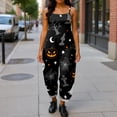thumbnail image 4 of JULMCOMO Halloween Jumpsuits for Women Cotton Linen Pumpkin Cat Ghost Printed Spaghetti Strap Holiday Outfits Plus Size Loose Cute Print Jumpsuits Black XL, 4 of 5