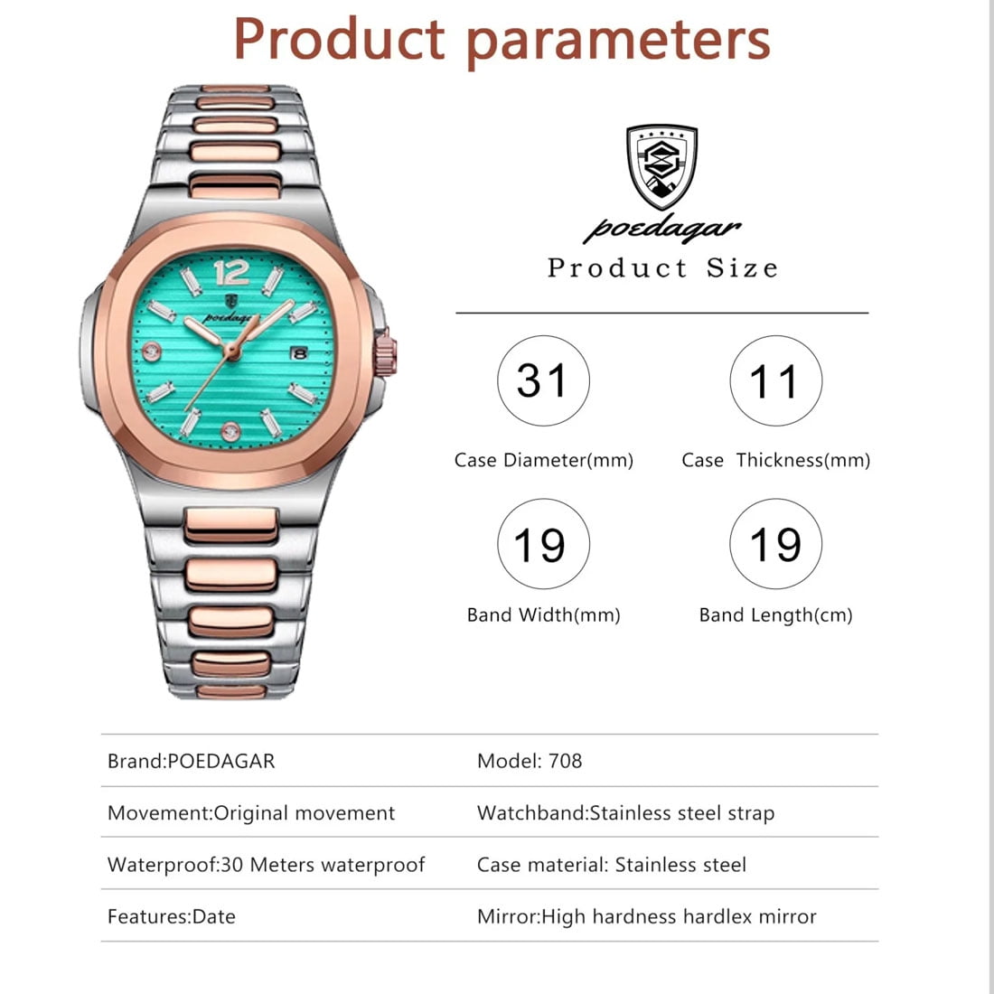 Poedagar Watch for Woman Square Ladies Quartz Watches Luminous Waterproof Women Female Clock