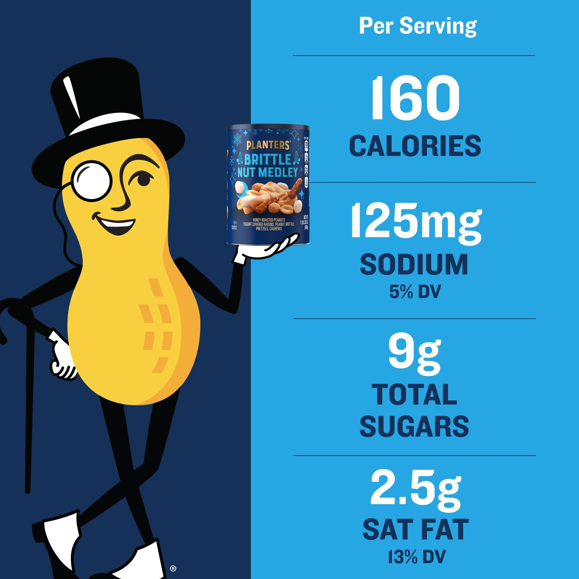 PLANTERS Winter Edition Brittle Nut Medley Trail Mix Snack with Honey Peanuts, Yogurt Raisins, Peanut Brittle, Pretzels and Cashews, Plant Based Protein, 1.20 lb. Canister