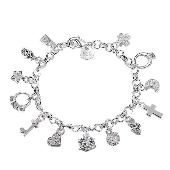 13-Pendant 925 Sterling Silver Charm Bracelet Chain, Featuring Symbolic Rhinestone Charms Like Cross, Heart & Moon, Birthday Gift for Wife with Luxe Shine for Anniversary Dinners,