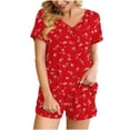 thumbnail image 3 of QATAINLAV Womens Sets 2 Piece Outfits, Casual Short Sleeve Tees and Shorts Lounge Set Trendy Printed V Neck Shirts Matching Shorts Sleepwear Suits, Red, XXL, 3 of 9