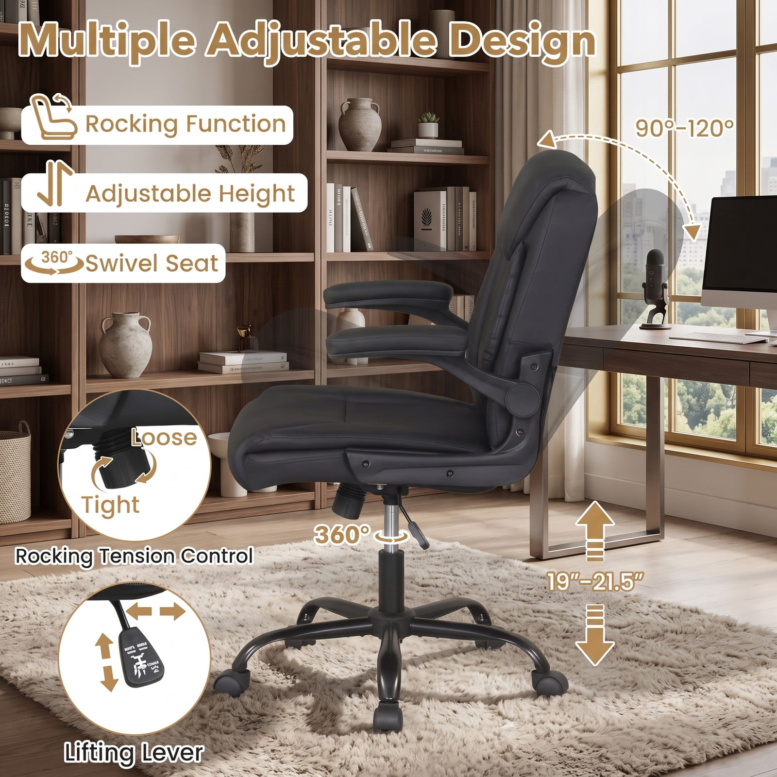 Furnibear Ergonomic Leather Office Chair, High Back PU Leather Executive Desk Chair with Flip-up Armrests, Rocking Function, Adjustable Height and Swivel for, Black