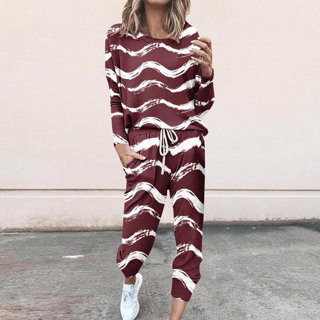 Offre à Durée Limitée Tenues tumgatte pour Femmes Tenues Décontractées d'Automne Ensemble de Détente Femmes Ensembles d'Hiver Imprimé Rayé Manches Longues Col Rond Pull Hauts et Pantalons Ensemble Deux Pièces pour Femmes