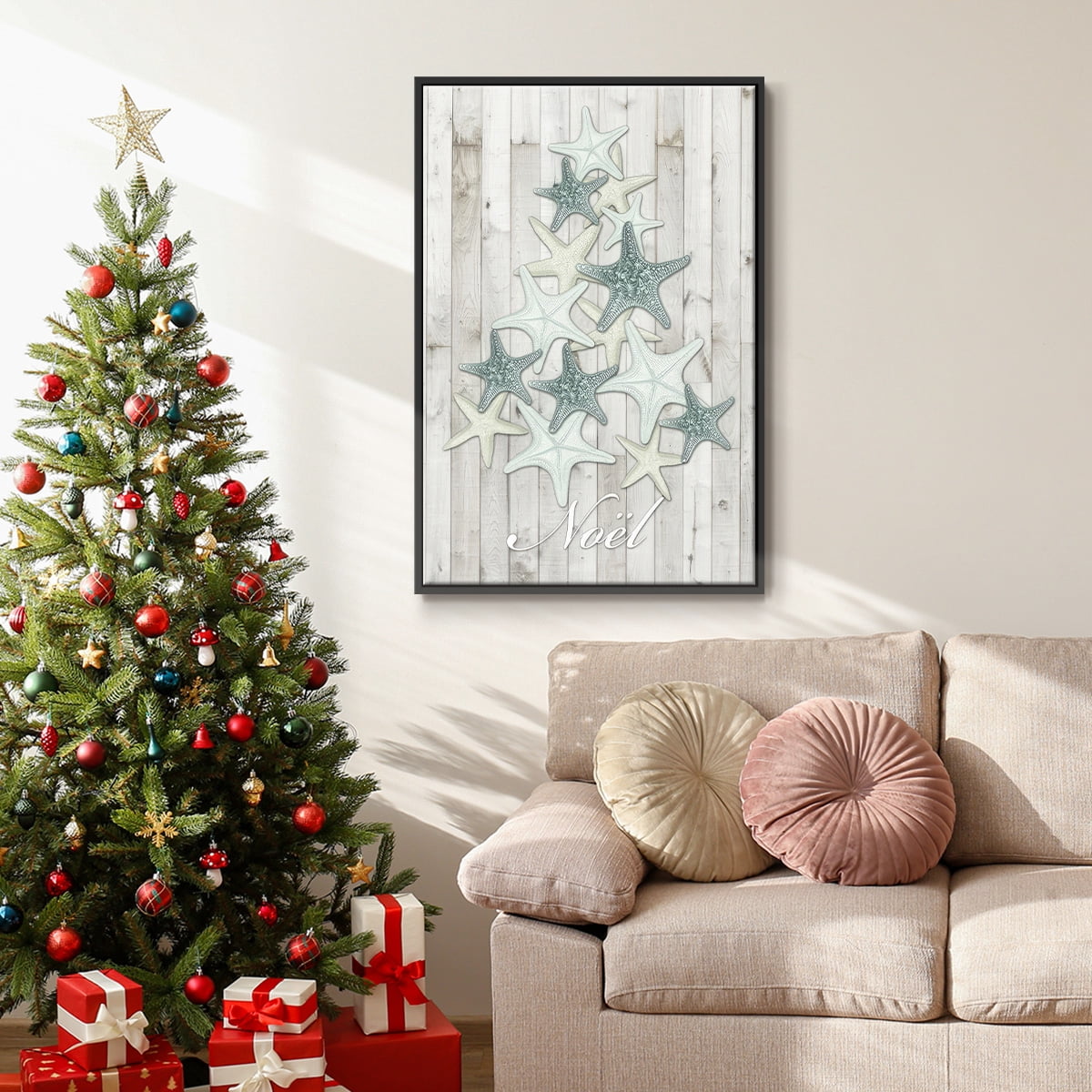 Coastal Christmas IV - Framed Gallery Wrapped Holiday Canvas - 25 x 37 - Black Frame