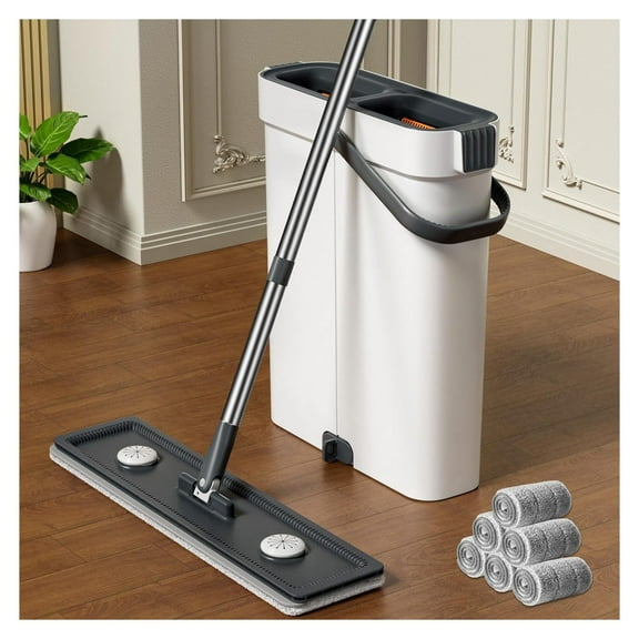 Flat Mop and Bucket Set for Floor Cleaning, 6 Pads - Wall, Window, Staircase Mop - 15.75" Jumbo Head - Efficient Home Cleaning System