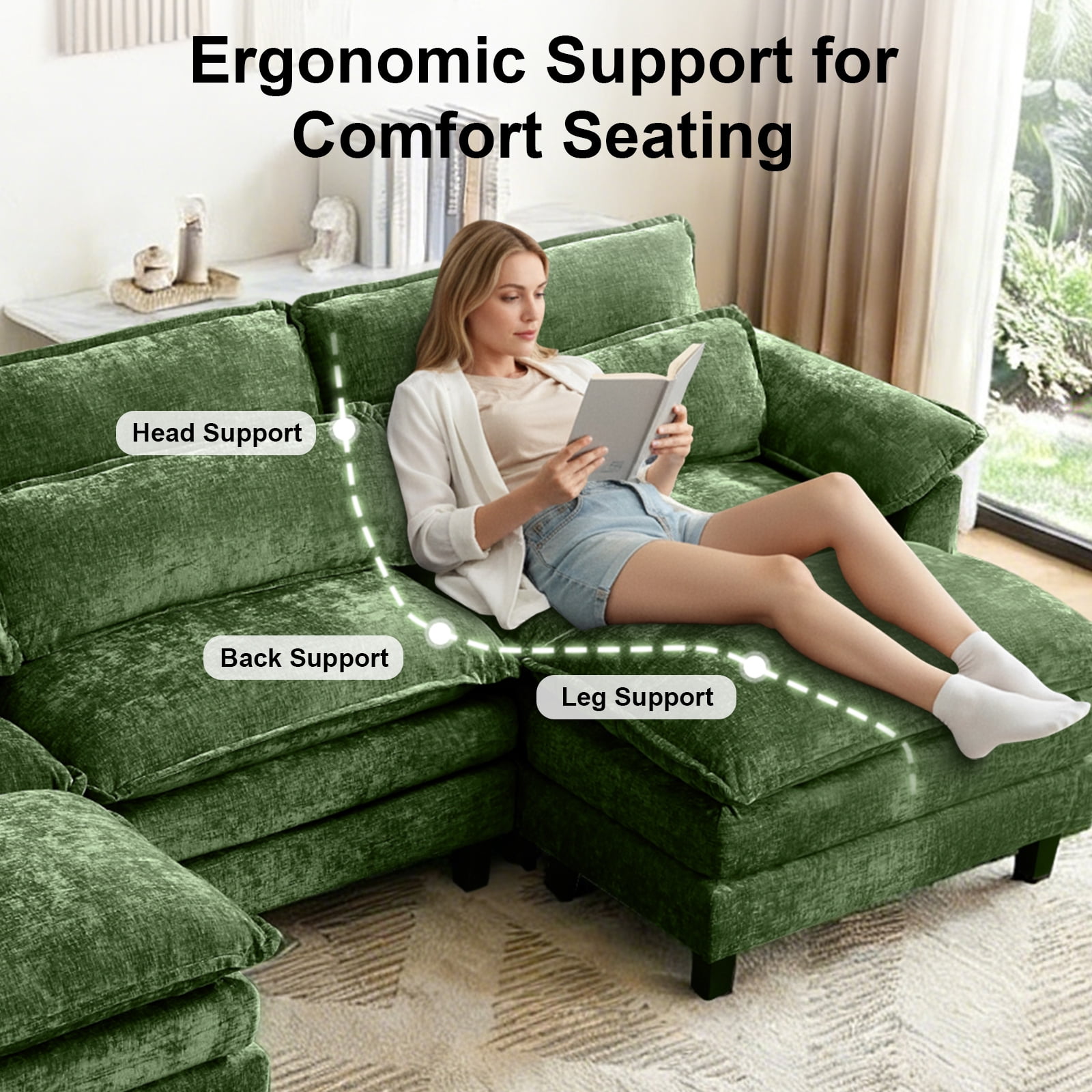 Howcool 113" Modular Sectional Sofa , 3 Seater U-Shaped Cloud Couch with Movable Ottoman, USB Charging Ports & Side Pockets, Sectional couchs for Living Room,Chenille Fabric,Green
