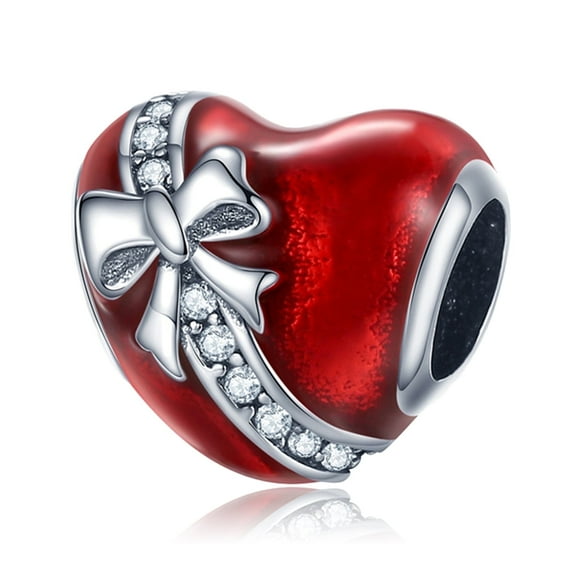 925 Sterling Silver Charm for Bracelets Red Heart Gift With Ribbon Bow Charms Women Bracelet Charm