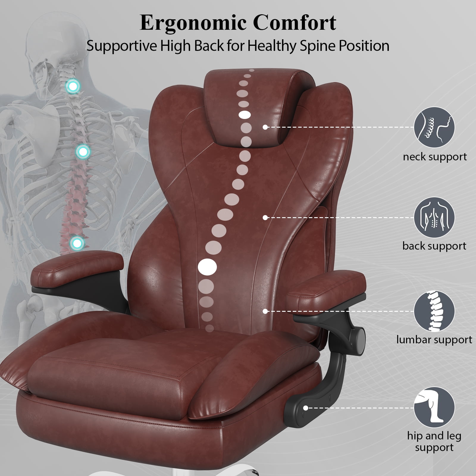 E-motie Home Office Chair with Flip-up Arms, Adjustable High Back Chair, Quiet Nylon Wheels, Brown