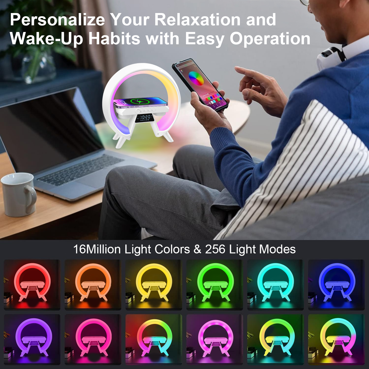 Alarm Clock, 4 in 1 Digital Alarm Clock with Wireless Charger&RGB Dimmable Night Light&Bluetooth Speaker&FM Radio, Electric Clock Digital Clock Small Clocks Desk Clock W/ LED Display for Bedroom