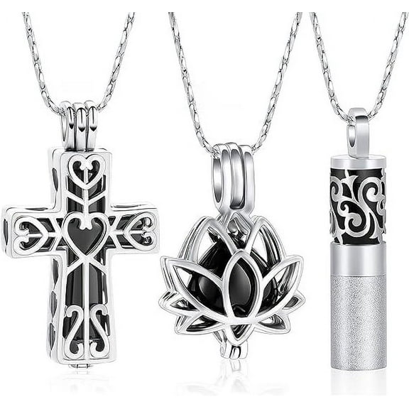 3 Pack Urn Necklaces for Ashes Hollow Cross Urn Keepsake Lotus Flower & Cycliner Cremation Jewelry for Ashes