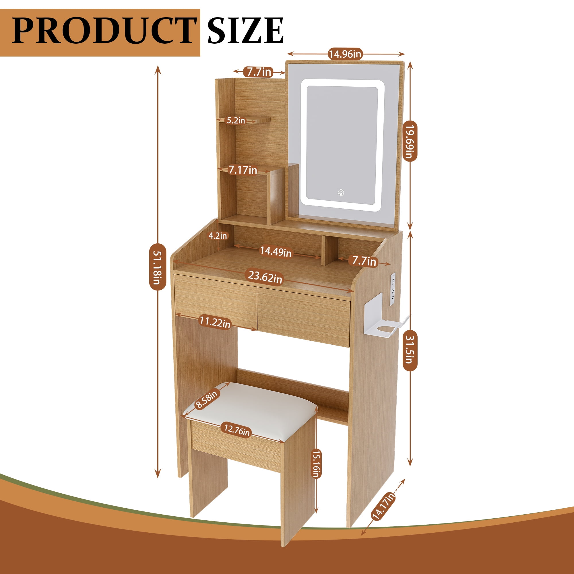 Jopath Makeup Vanity Table Set,Wood Dressing Table with Mirror and Lights,Power Outlet, Hairdryer Holder & Stool for Small Bedrooms