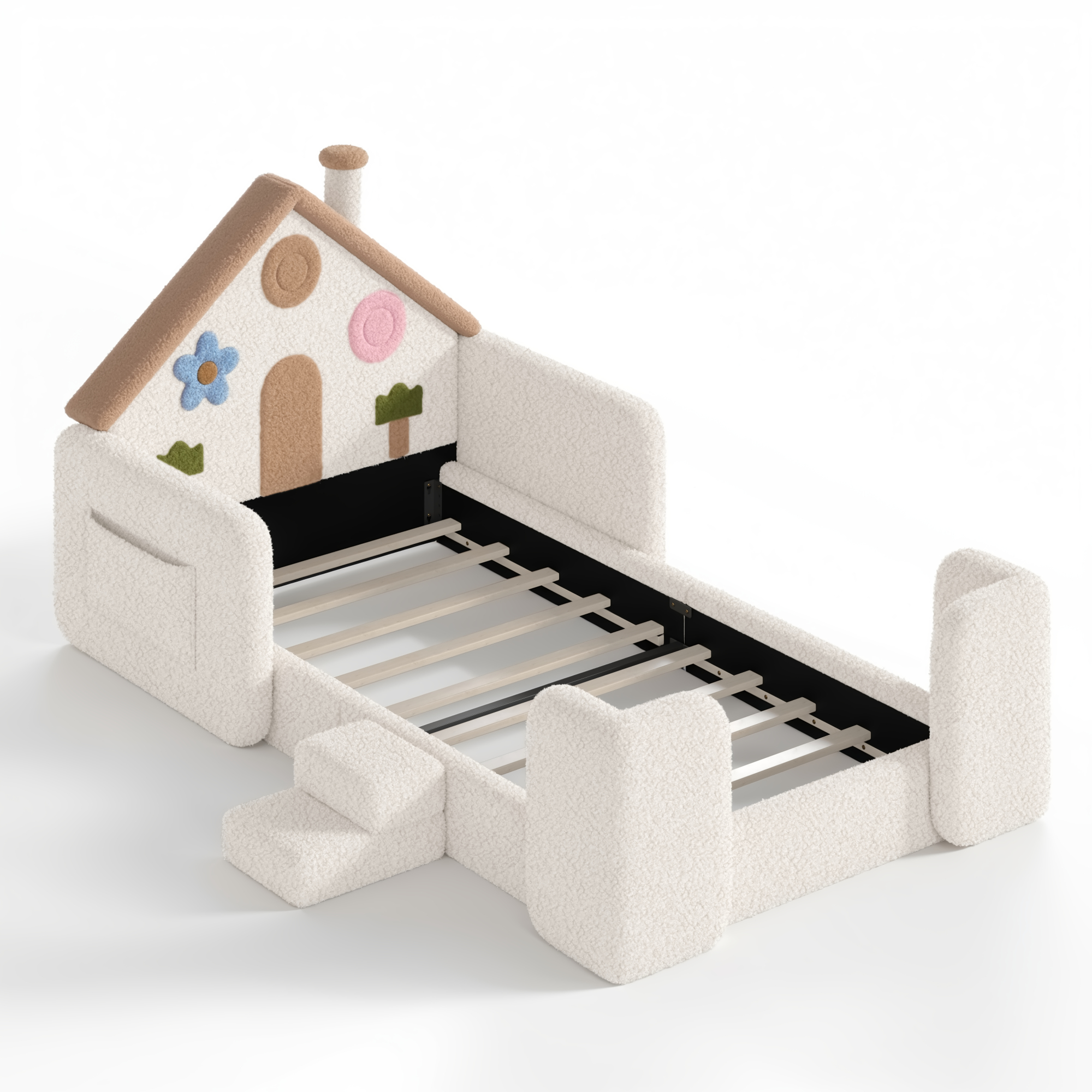 HOQBN Twin House Shaped Upholstered Floor Bed, Upholstered Kids Bed with Safety Side Rails, Low Floor Playhouse Bed for Nursery & Kids Bedroom Beige & Natural