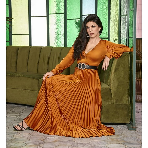 983-97 Vestido largo dama Maxidress tableado satín color shedrón Cklass 983-97