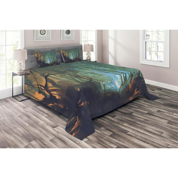 Ambesonne Teal Quilted Coverlet 3 Pcs, Dark Forest, Queen Size, Brown Teal