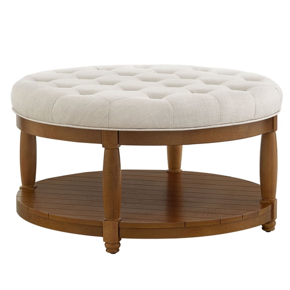 CQSXDA Large Round Upholstered Tufted Linen Wood Shelf Storage Coffee Table, For Living Room, Ivory