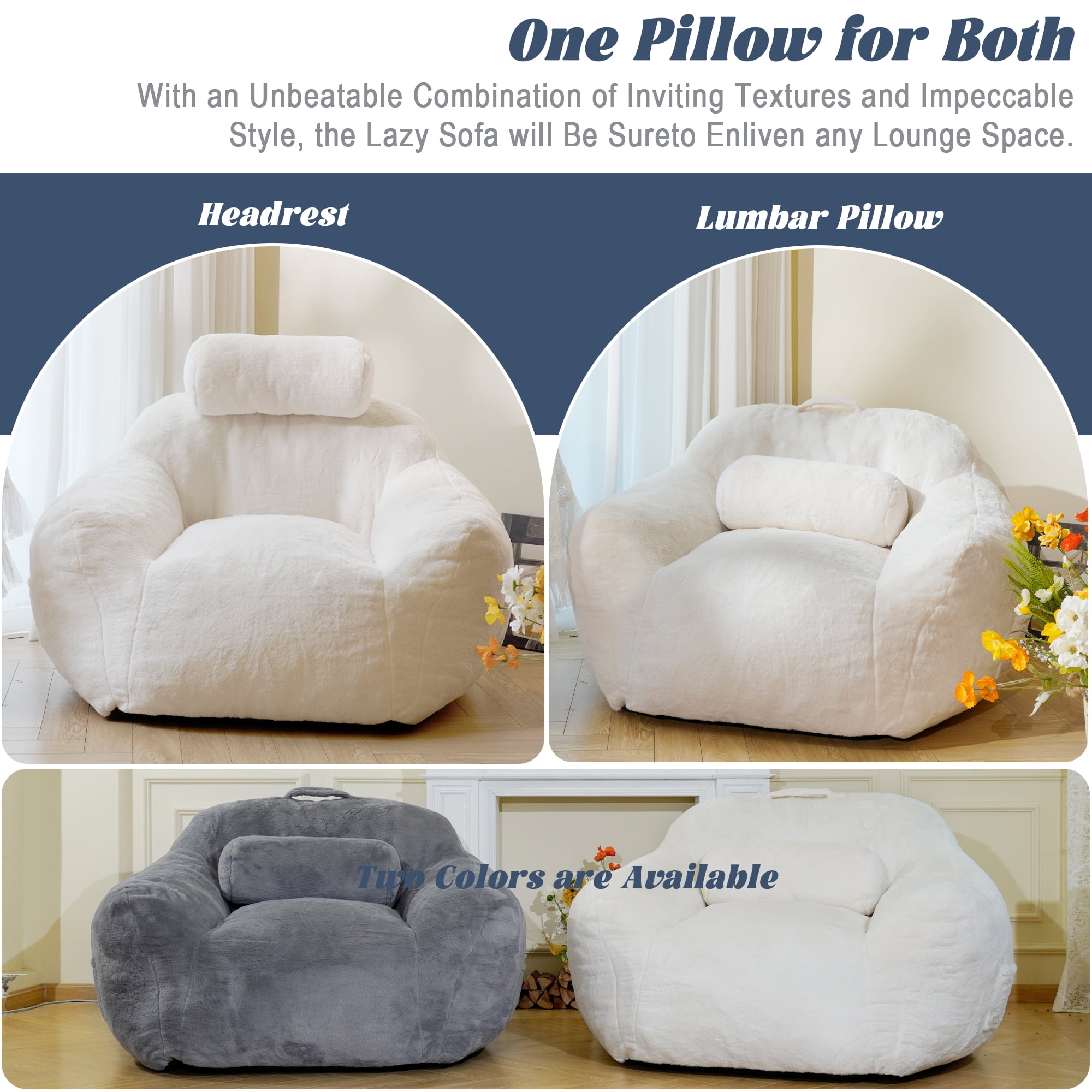 Oversized Foam Bean Bag Sofa Chair, Fluffy Bean Bag Chair with pillow for Adults, Lazy Floor Bean Bag Sofa Couch with Ergonomic Support, Plush Lazy Sofa with Beige Color.