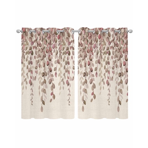 Brown Eucalyptus Leaves Sheer Curtains 39 Inch Length 2 Panels Set for Living Room/Bedroom, Spring Leaves Plants Country Beige Kitchen Curtains Grommet Curtains Window Treatments 27.5"x39"x2