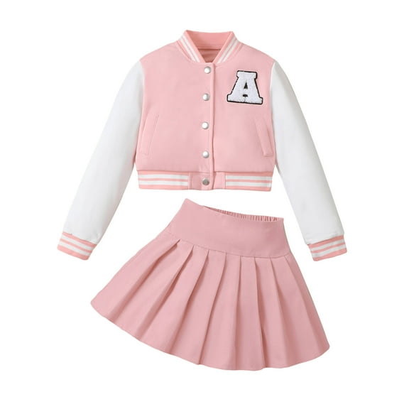 KIMI BEAR 9 Years Big Girls Skirt Sets 10 Years Big Girls Winter Outfits Long Sleeves Baseball Uniform Coat Pleated Mini Skirt 2pcs Pink