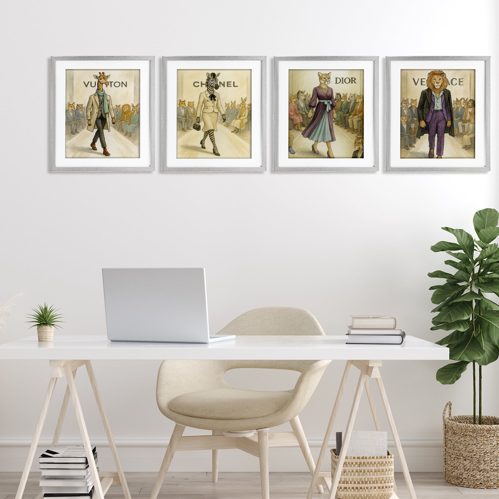 Stupell Industries Fashion Runway Animals 4 Piece Gray Framed Print Under Glass Set, design by Grotto Studios