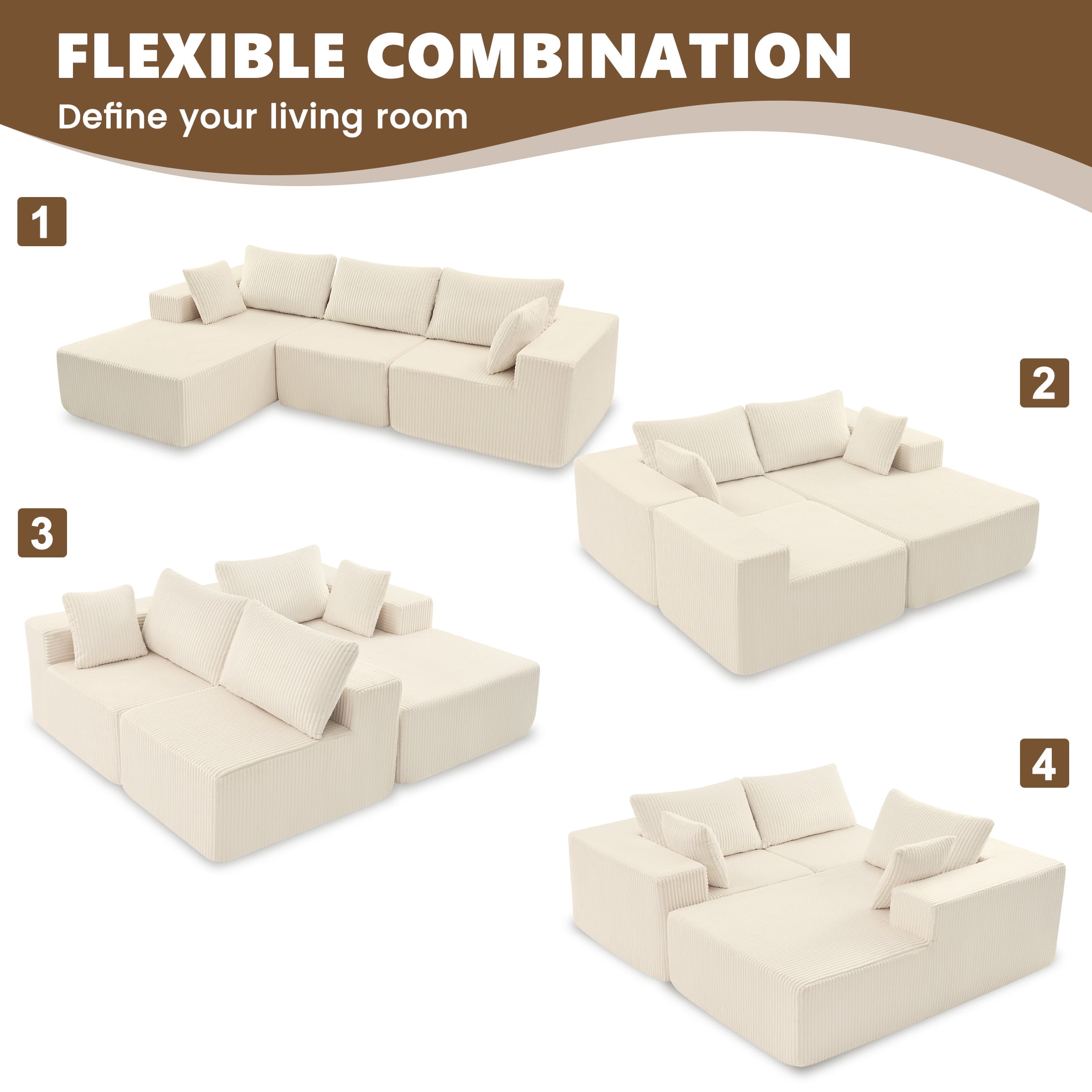 edx 108" Convertible Sectional Couches Comfy Fluffy 4 Seat Memory Foam Sectional Sofa Upholstered Couches for Living Room Bedroom,No Assembly Required,(Left Facing Chaise) Beige